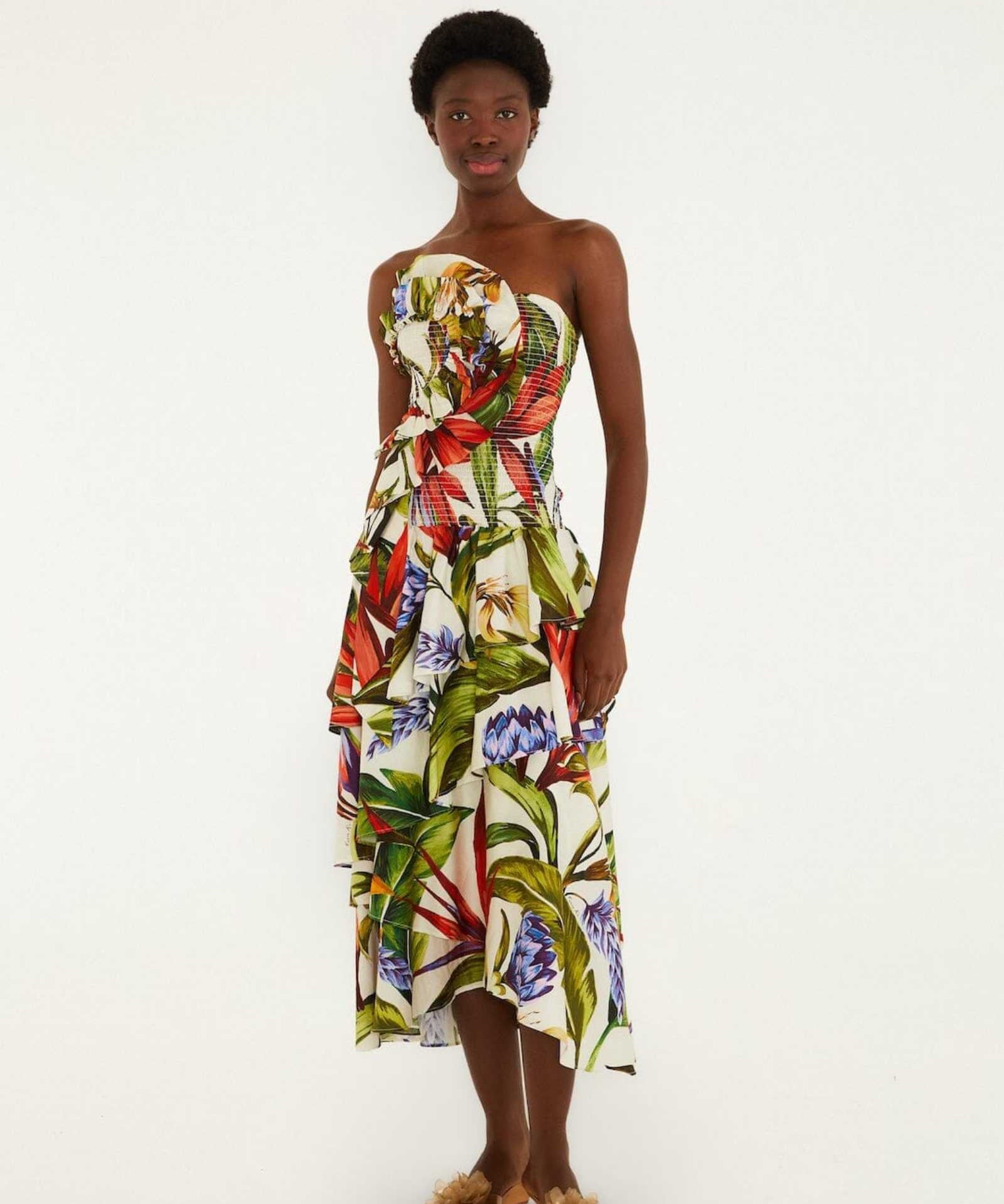 FARM Rio Sand Florart Strapless Maxi Dress view featuring a botanical Florart print and elegant strapless neckline.