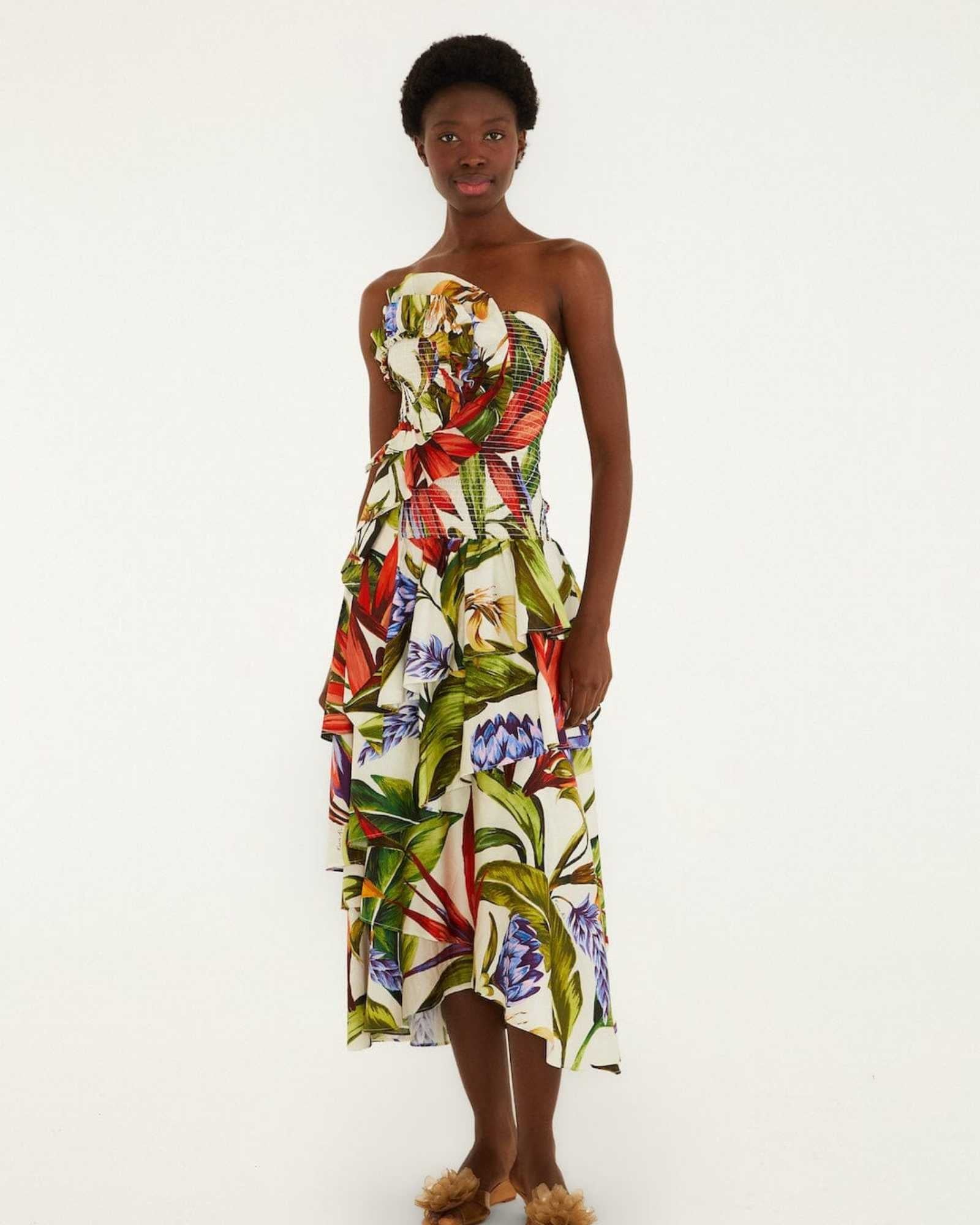 FARM Rio Sand Florart Strapless Maxi Dress view featuring a botanical Florart print and elegant strapless neckline.