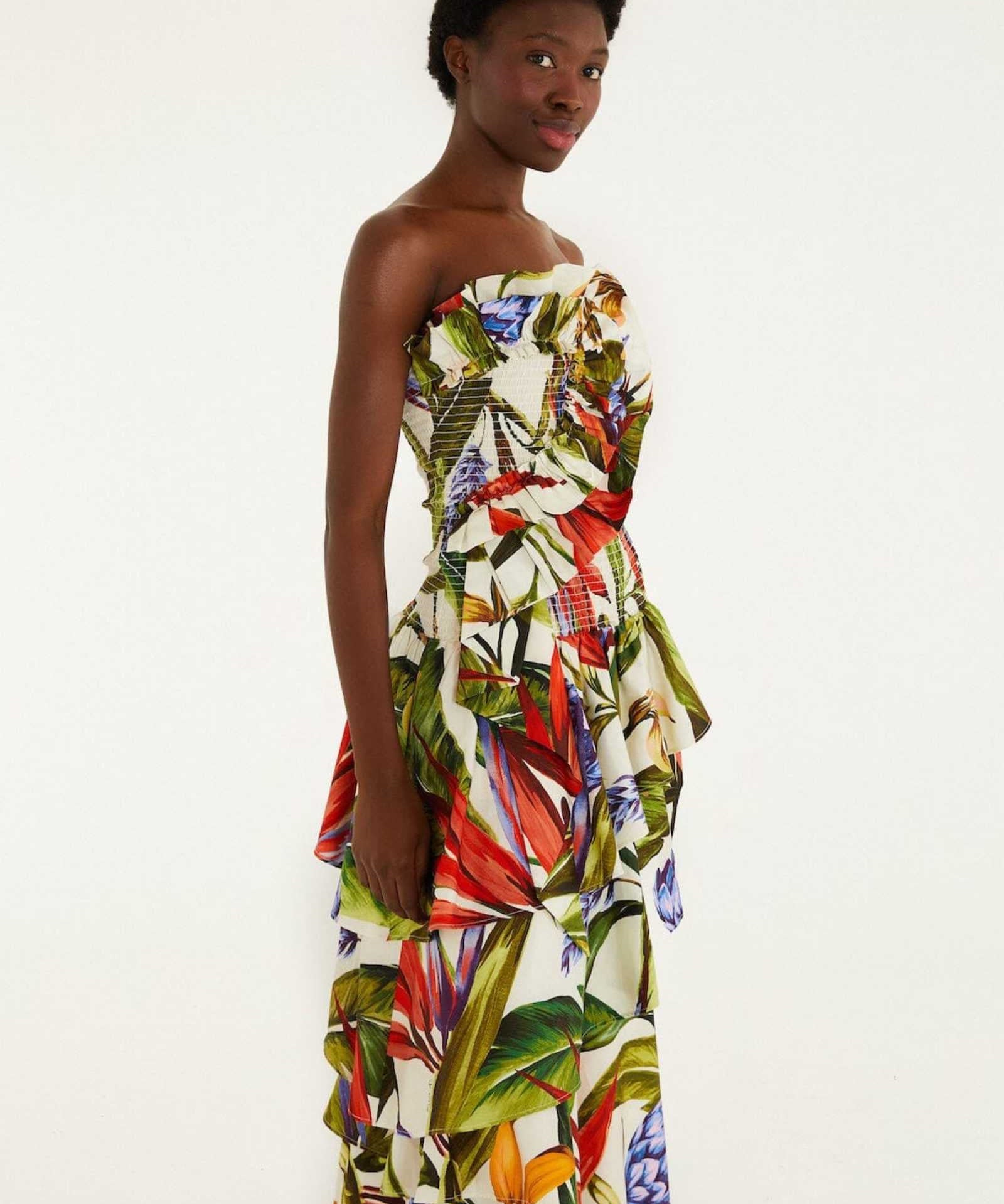 FARM Rio Sand Florart Strapless Maxi Dress view featuring a botanical Florart print and elegant strapless neckline.