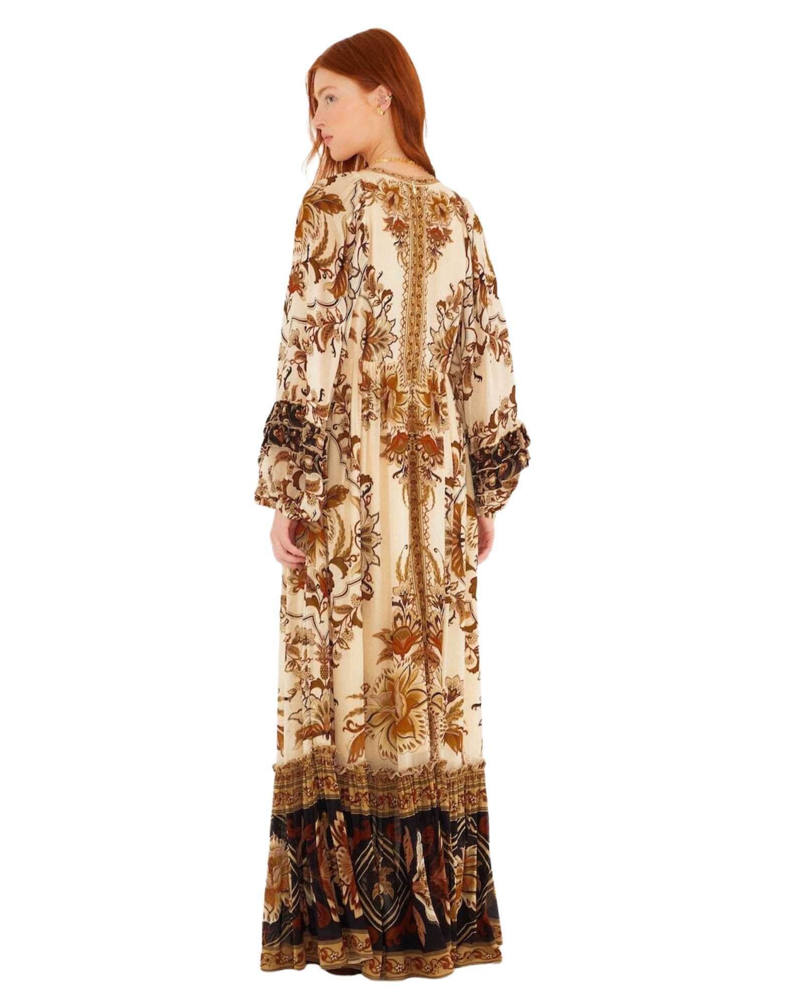 FARM Rio Sand Majestic Garden Ruffled Maxi Dress view featuring botanical print and cascading ruffle design.
