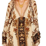 FARM Rio Sand Majestic Garden Ruffled Maxi Dress view featuring botanical print and cascading ruffle design.