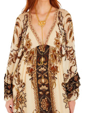 FARM Rio Sand Majestic Garden Ruffled Maxi Dress view featuring botanical print and cascading ruffle design.