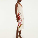 FARM Rio Sand Strelitzia Midi Dress Side View of the Beautiful Dress. 