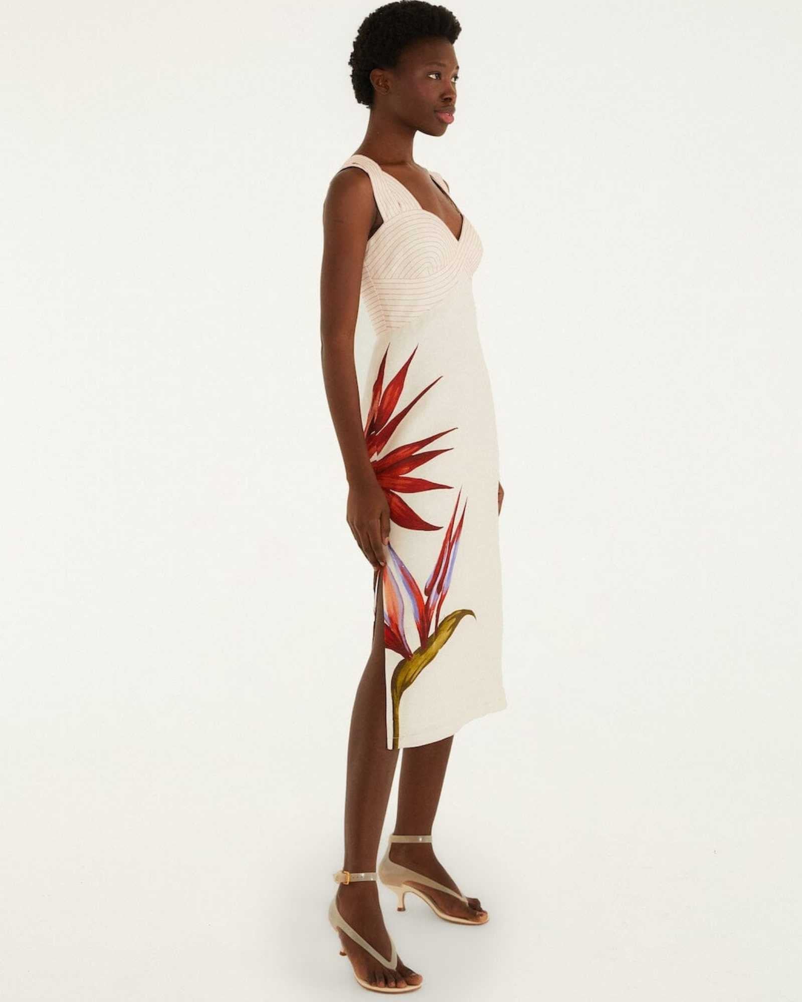 FARM Rio Sand Strelitzia Midi Dress Side View of the Beautiful Dress. 