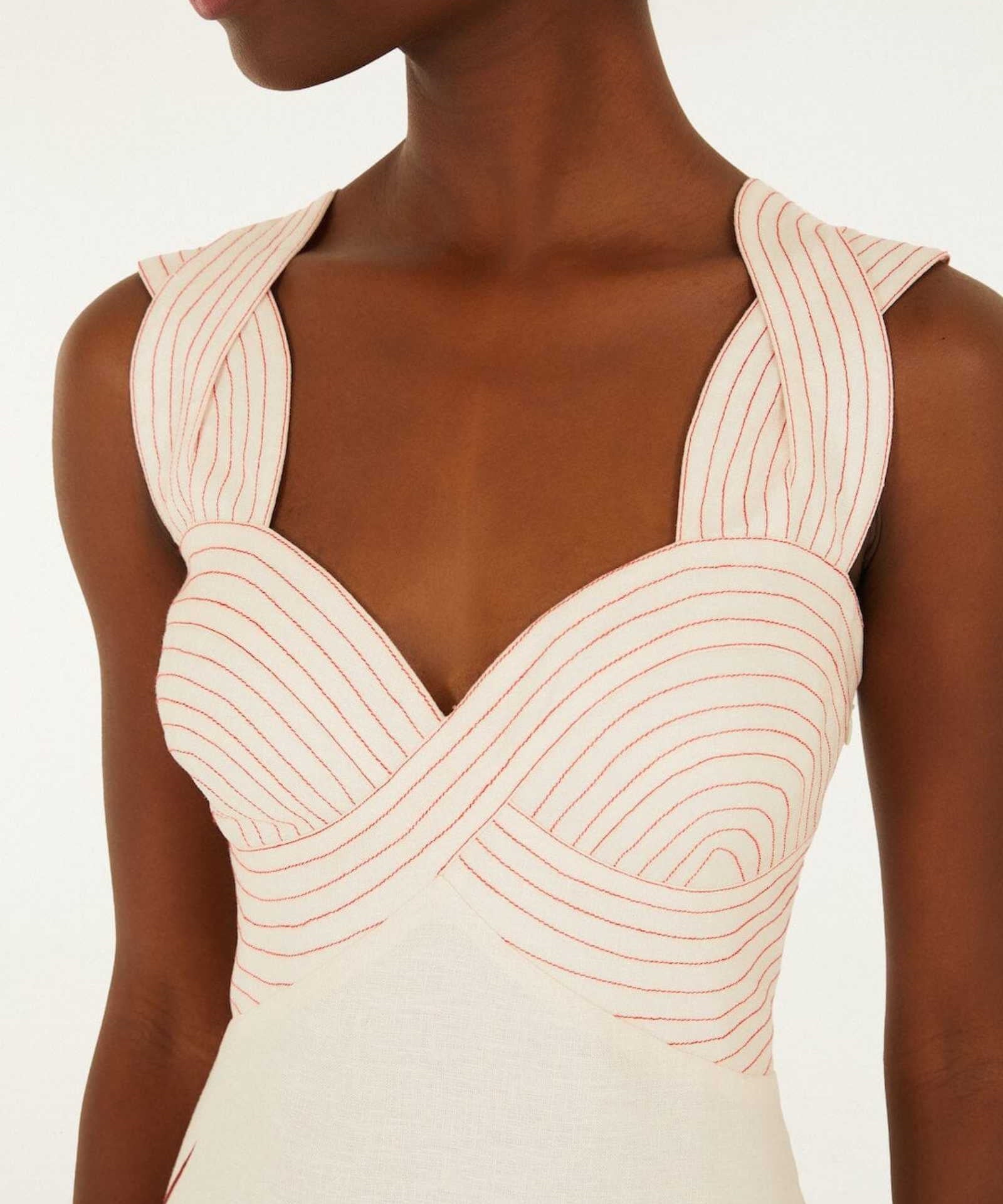 FARM Rio Sand Strelitzia Midi Dress Close View of the beautiful dress