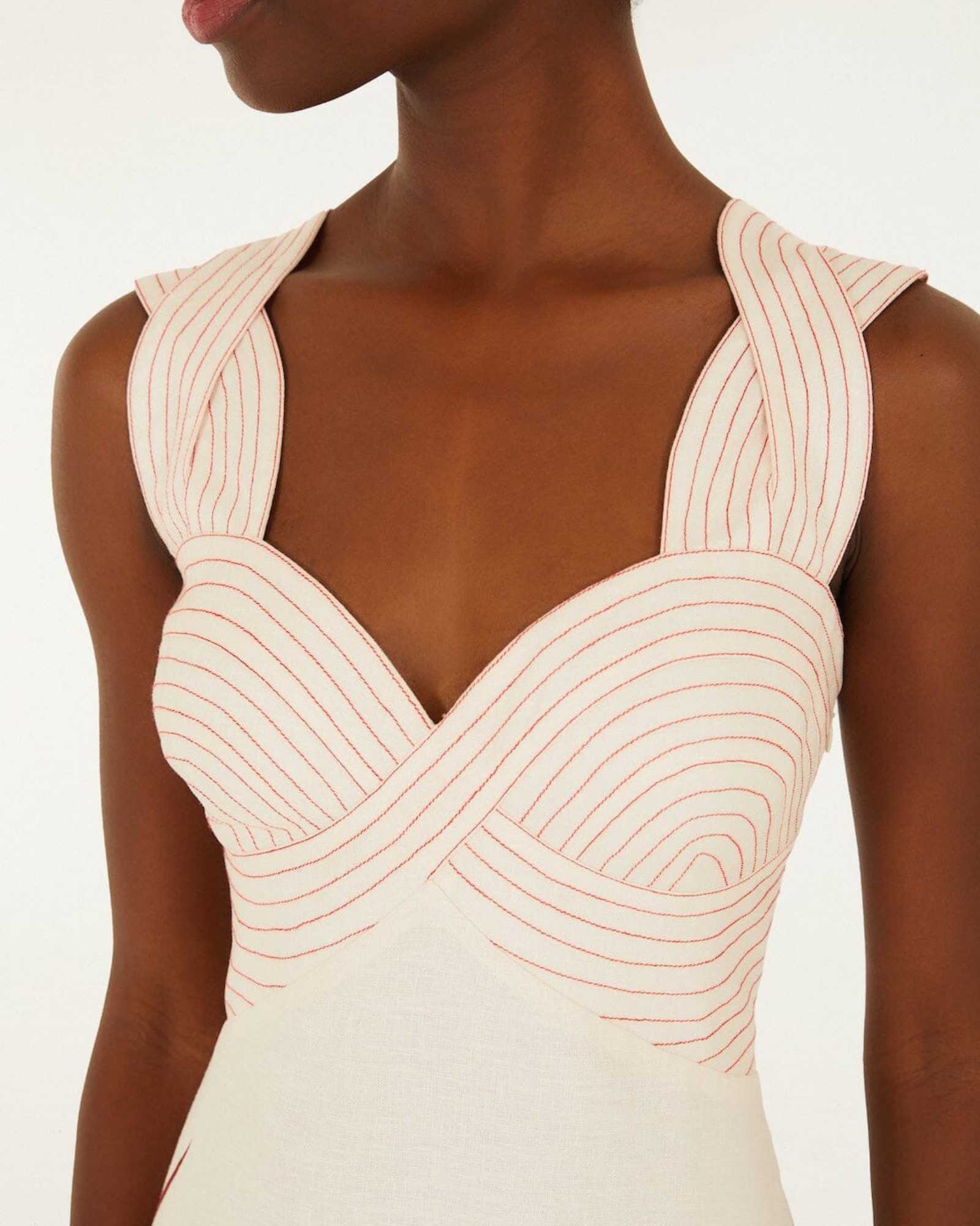 FARM Rio Sand Strelitzia Midi Dress Close View of the beautiful dress