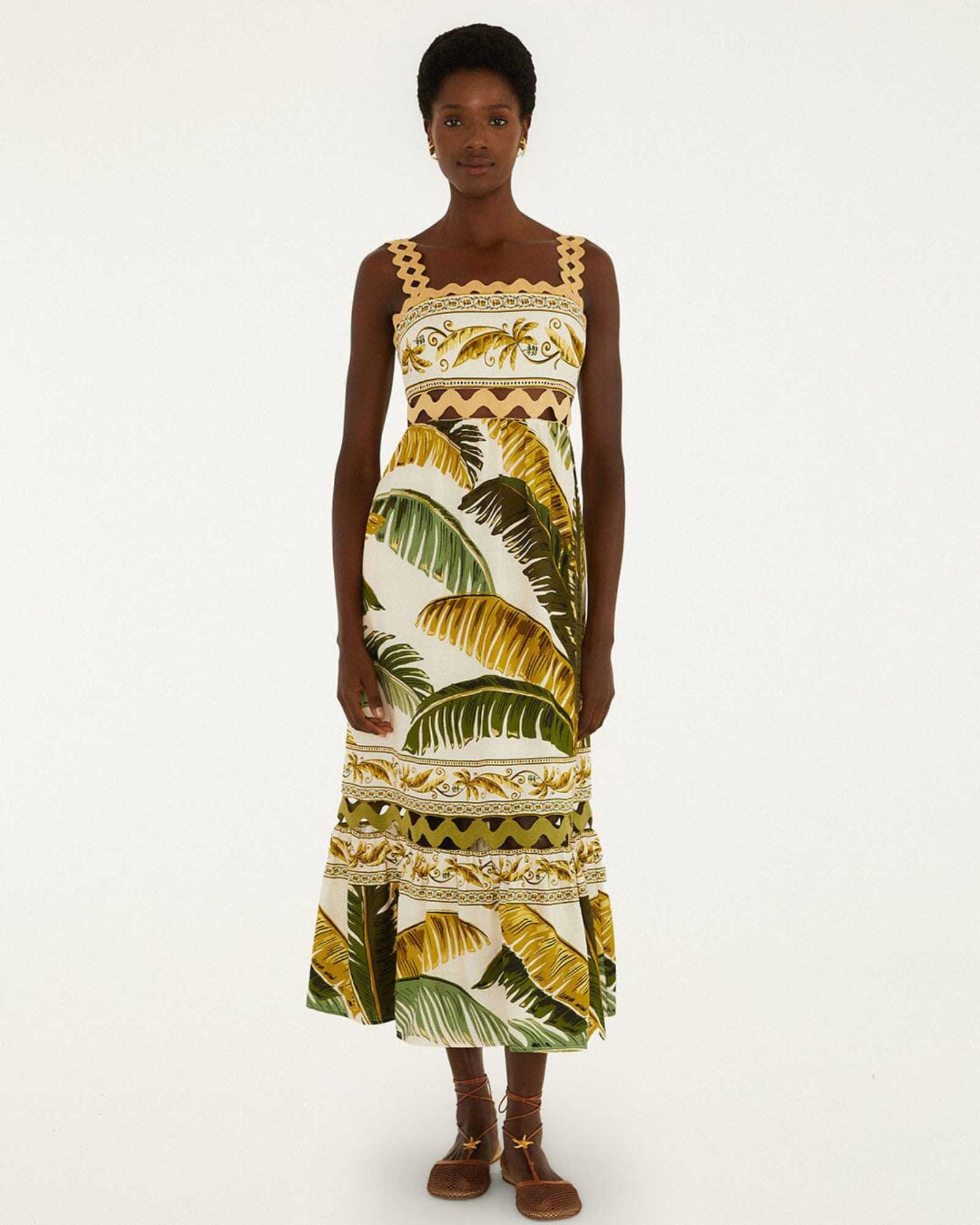 FARM Rio Sand Trancoso Wavy Trim Maxi Dress view featuring elegant wavy trim detailing and a flowing maxi silhouette.