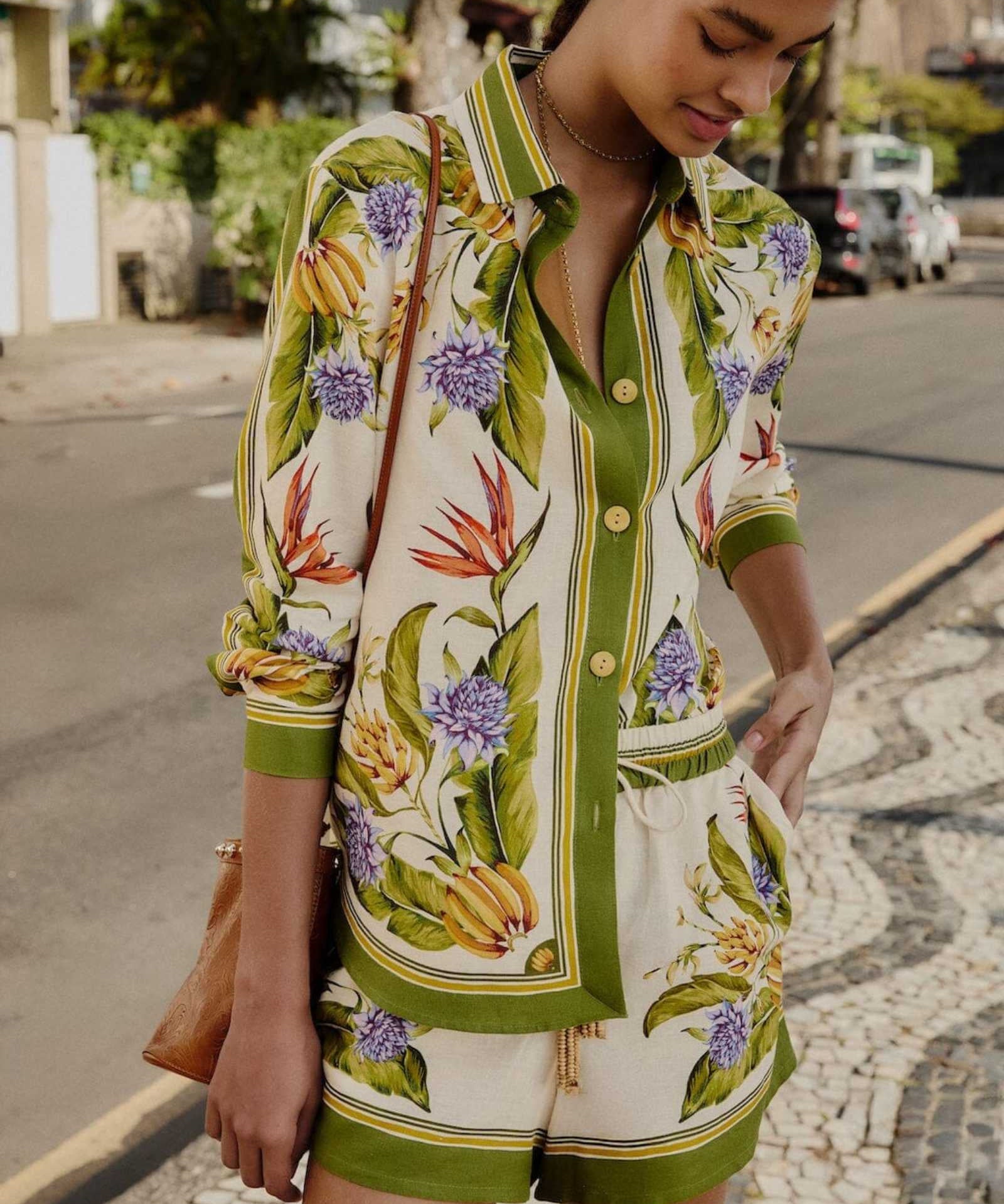 FARM Rio Sand Tropical Scarf Shorts view featuring a tropical scarf print and relaxed tailored silhouette.