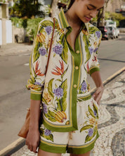 FARM Rio Sand Tropical Scarf Shorts view featuring a tropical scarf print and relaxed tailored silhouette.