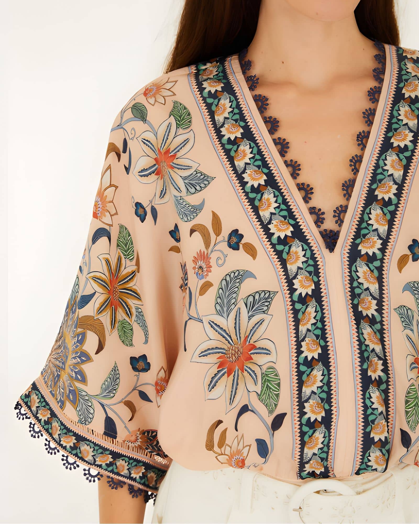 Close-up view of the V-neckline, lace trim, and floral print on the Farm Rio kimono sleeve bodysuit.