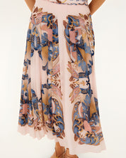 Detailed close-up of the sea-inspired scarf pattern on the Farm Rio soft pink pleated maxi skirt