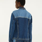 Farm Rio Studs Metal two-tone denim jacket covered in gold studs – back view