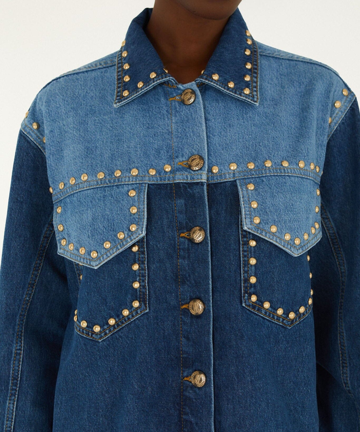 Farm Rio Studs Metal two-tone denim jacket covered in gold studs – close-up
