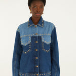 Farm Rio Studs Metal two-tone denim jacket covered in gold studs – front view