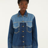 Farm Rio Studs Metal two-tone denim jacket covered in gold studs – front view