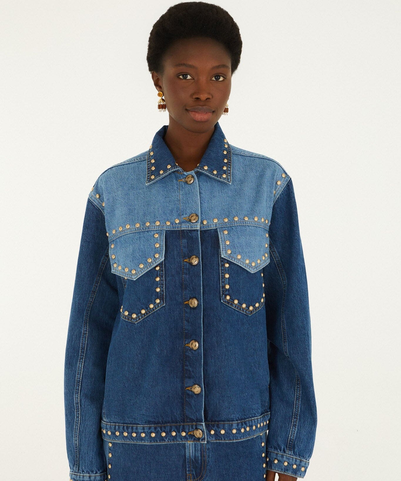 Farm Rio Studs Metal two-tone denim jacket covered in gold studs – front view