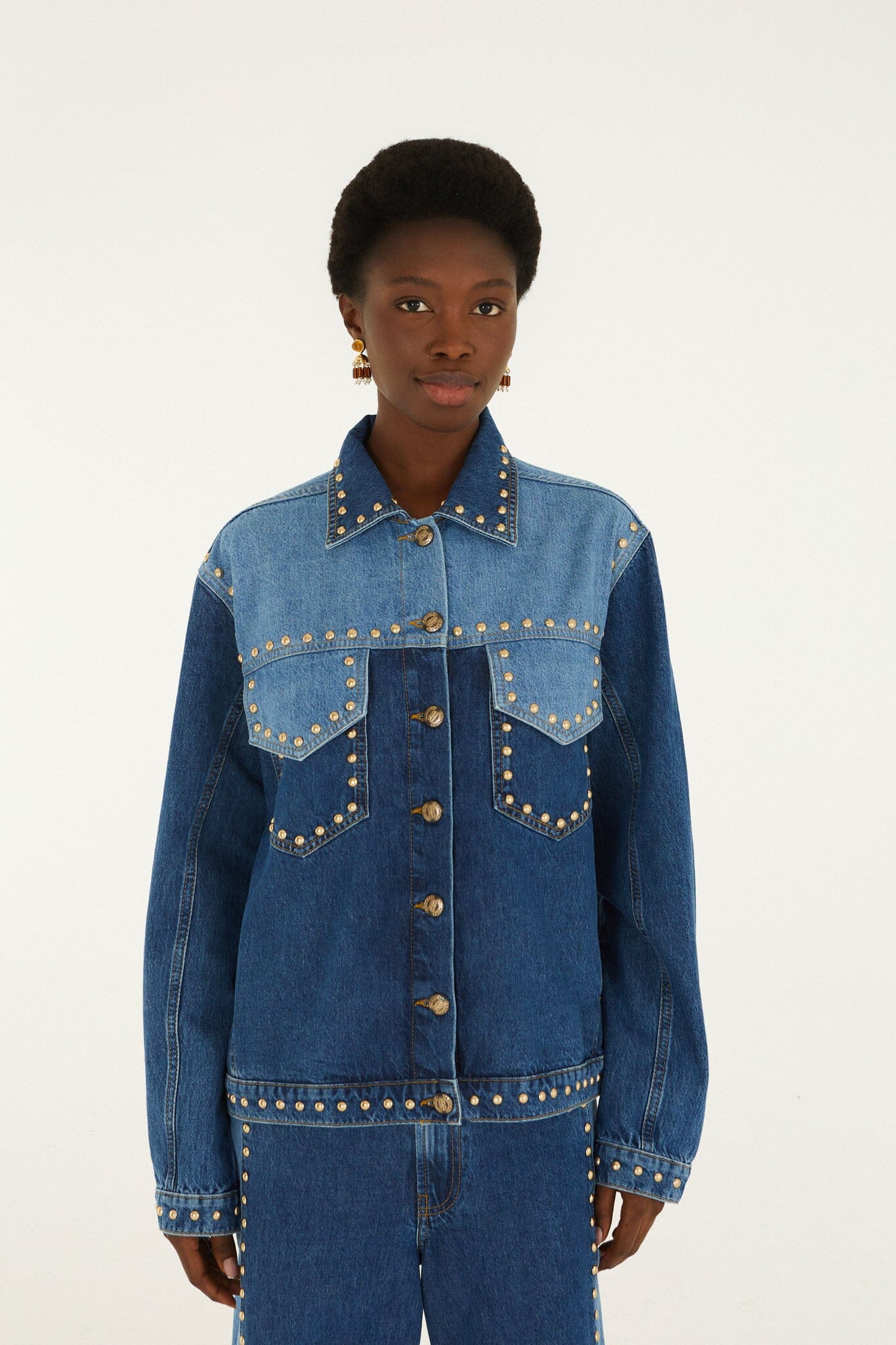 Farm Rio Studs Metal two-tone denim jacket covered in gold studs – front view