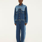 Farm Rio Studs Metal two-tone denim jacket covered in gold studs – full look
