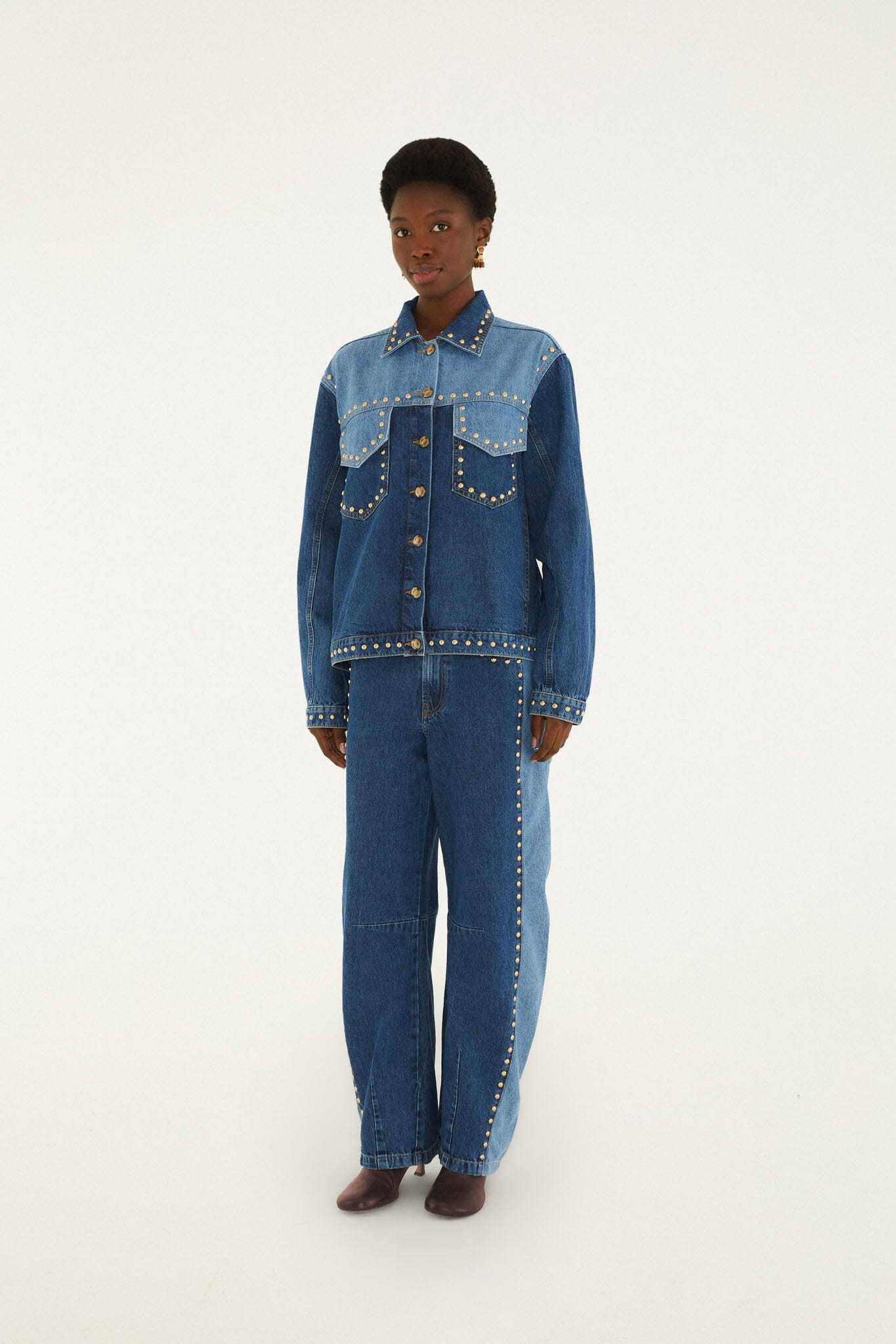 Farm Rio Studs Metal two-tone denim jacket covered in gold studs – full look