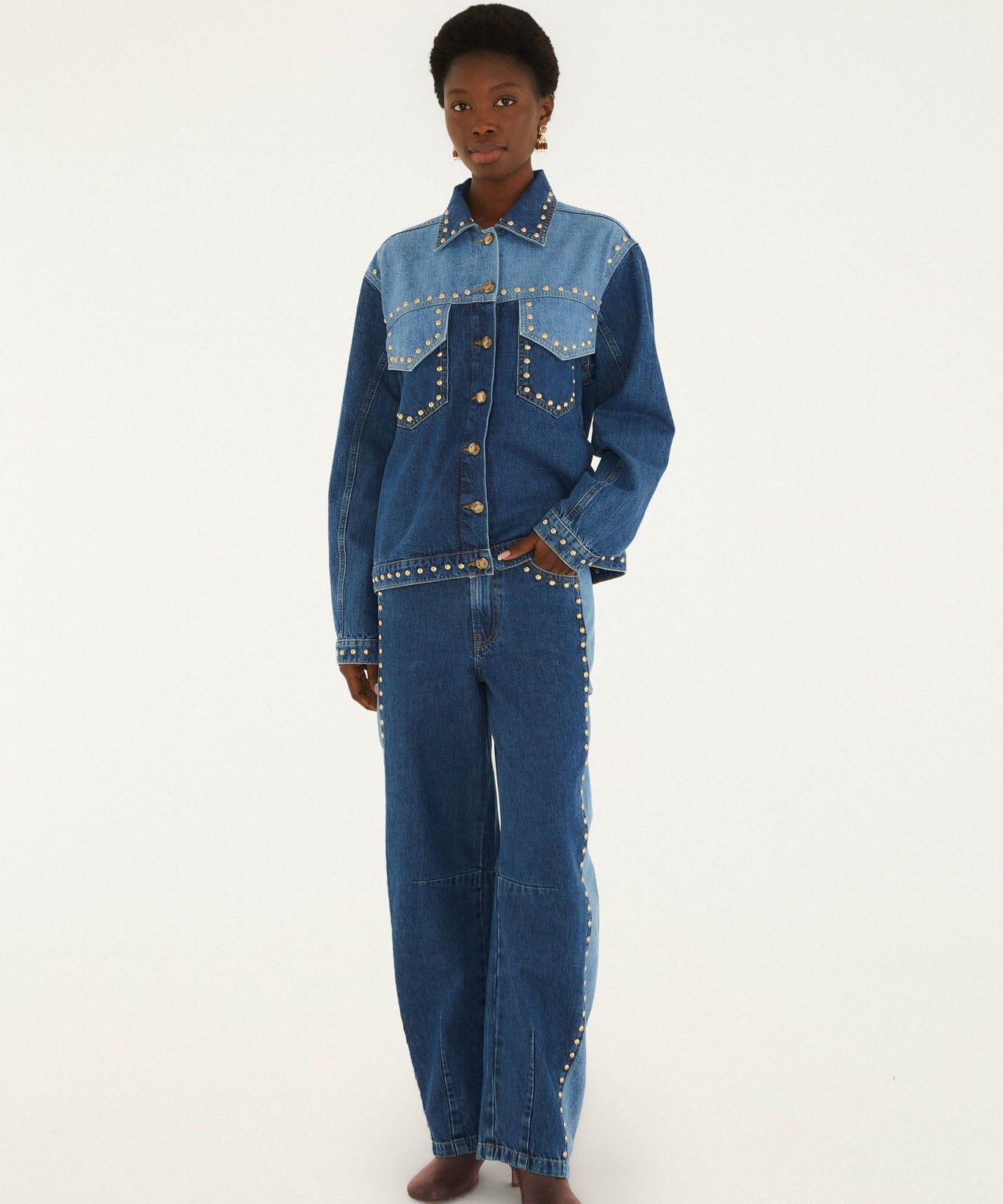 Farm Rio Studs Metal denim trousers with gold studs along the side seams – full look
