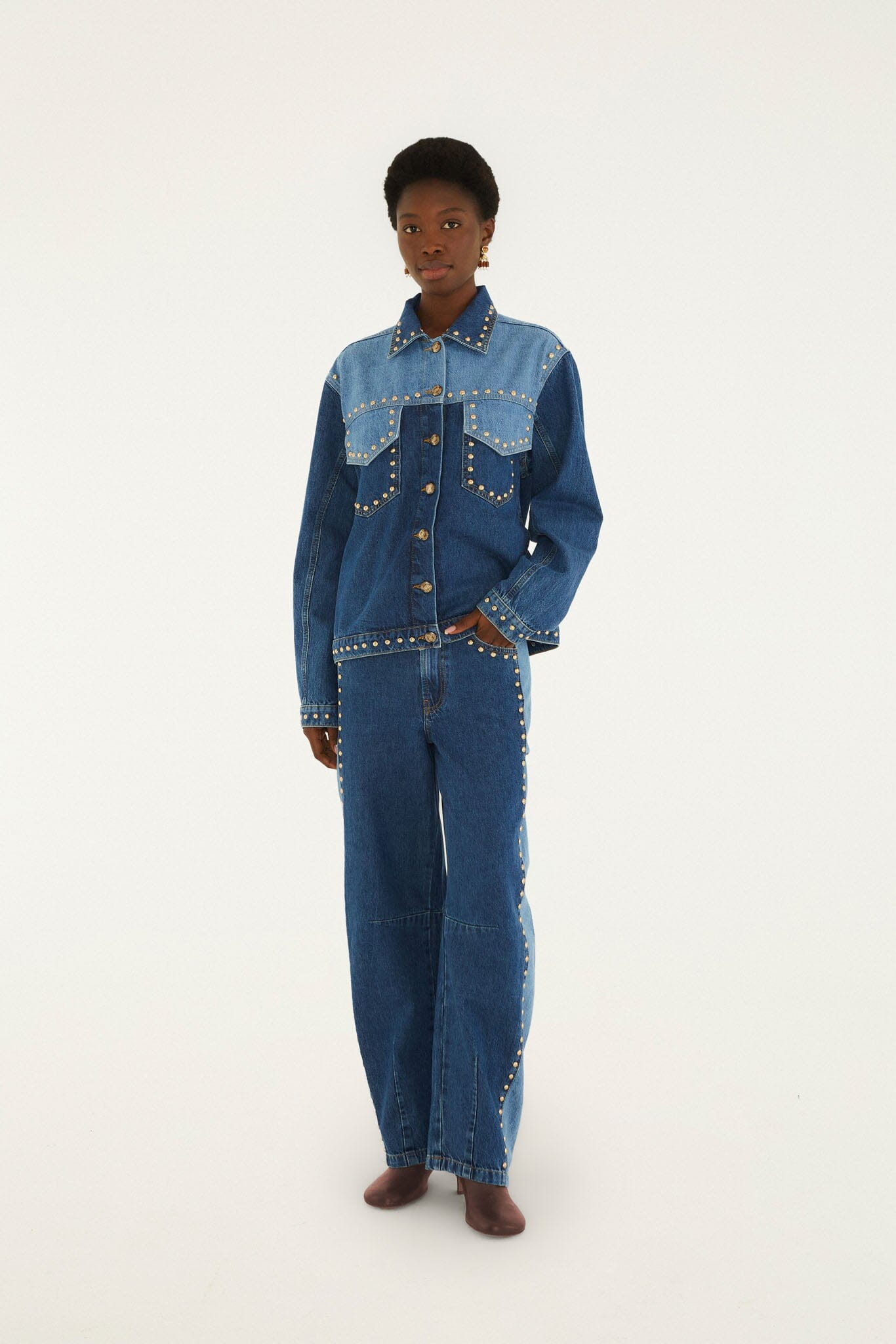 Farm Rio Studs Metal denim trousers with gold studs along the side seams – full look