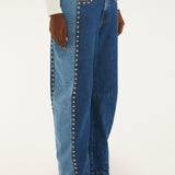 Farm Rio Studs Metal denim trousers with gold studs along the side seams – close-up of the side studs