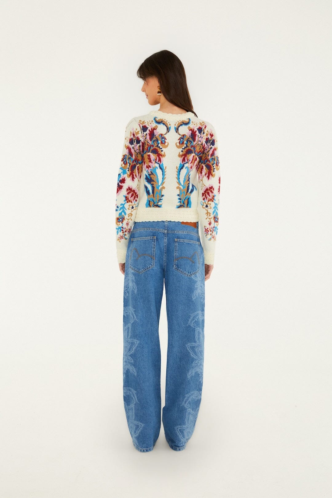 Farm Rio Tapestry Dream denim trousers with laser-engraved leaves and flowers – back view