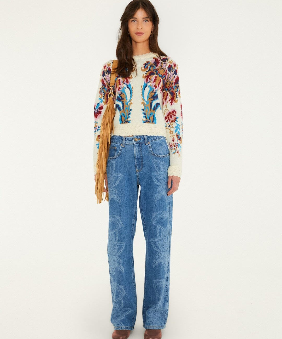 Farm Rio Tapestry Dream denim trousers with laser-engraved leaves and flowers – on model