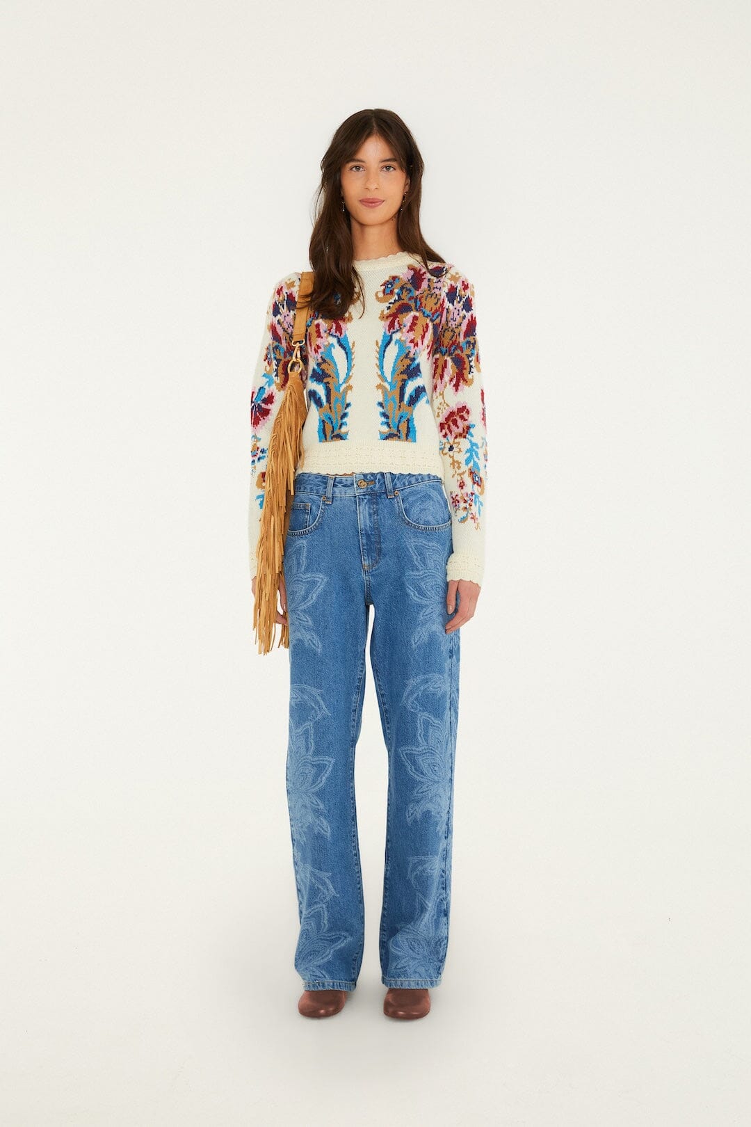 Farm Rio Tapestry Dream denim trousers with laser-engraved leaves and flowers – on model