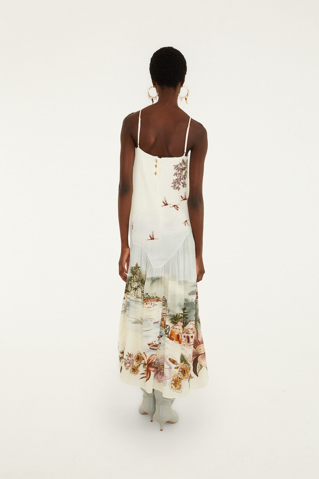 Farm Rio Toile de Rio maxi dress, off-white with square neck and thin straps – back view
