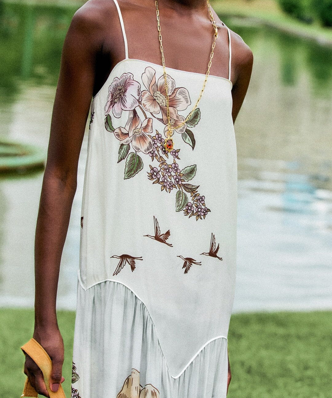 Farm Rio Toile de Rio maxi dress, off-white with square neck and thin straps – lifestyle close-up