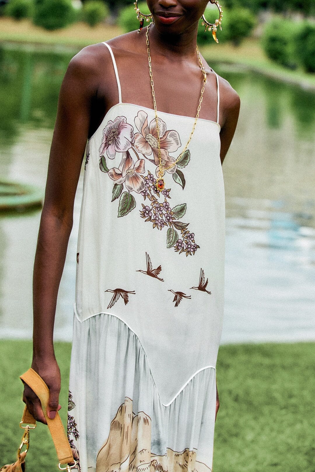 Farm Rio Toile de Rio maxi dress, off-white with square neck and thin straps – lifestyle close-up