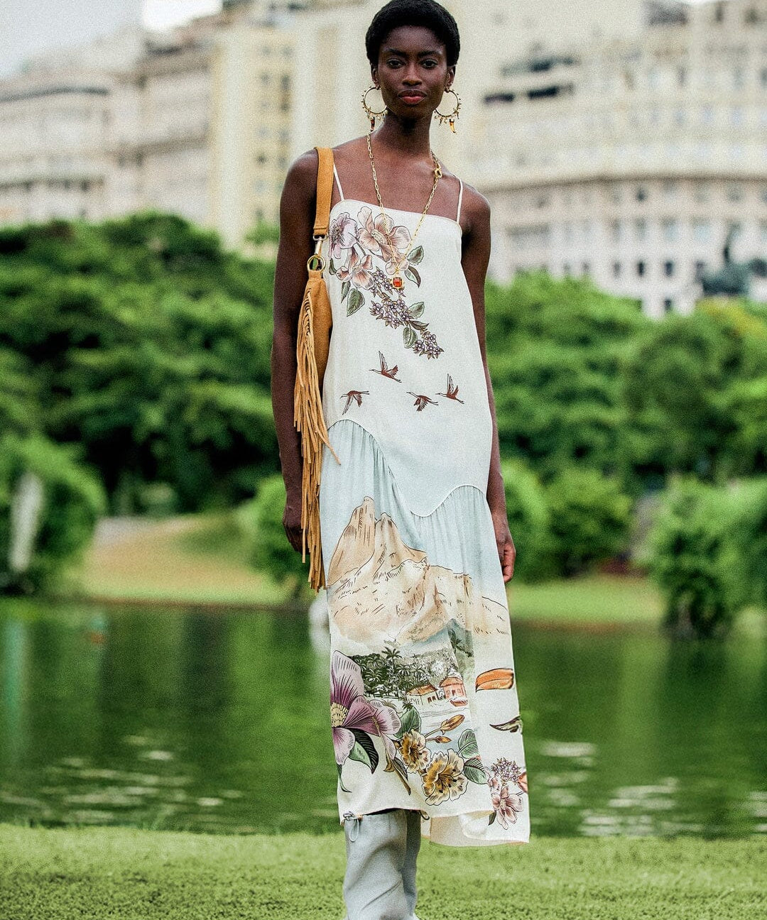 Farm Rio Toile de Rio maxi dress, off-white with square neck and thin straps – lifestyle