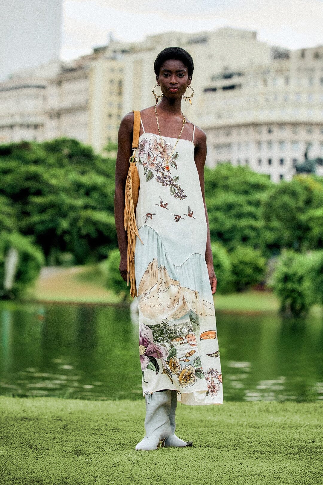 Farm Rio Toile de Rio maxi dress, off-white with square neck and thin straps – lifestyle