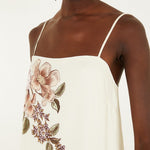 Farm Rio Toile de Rio maxi dress, off-white with square neck and thin straps – neckline close-up