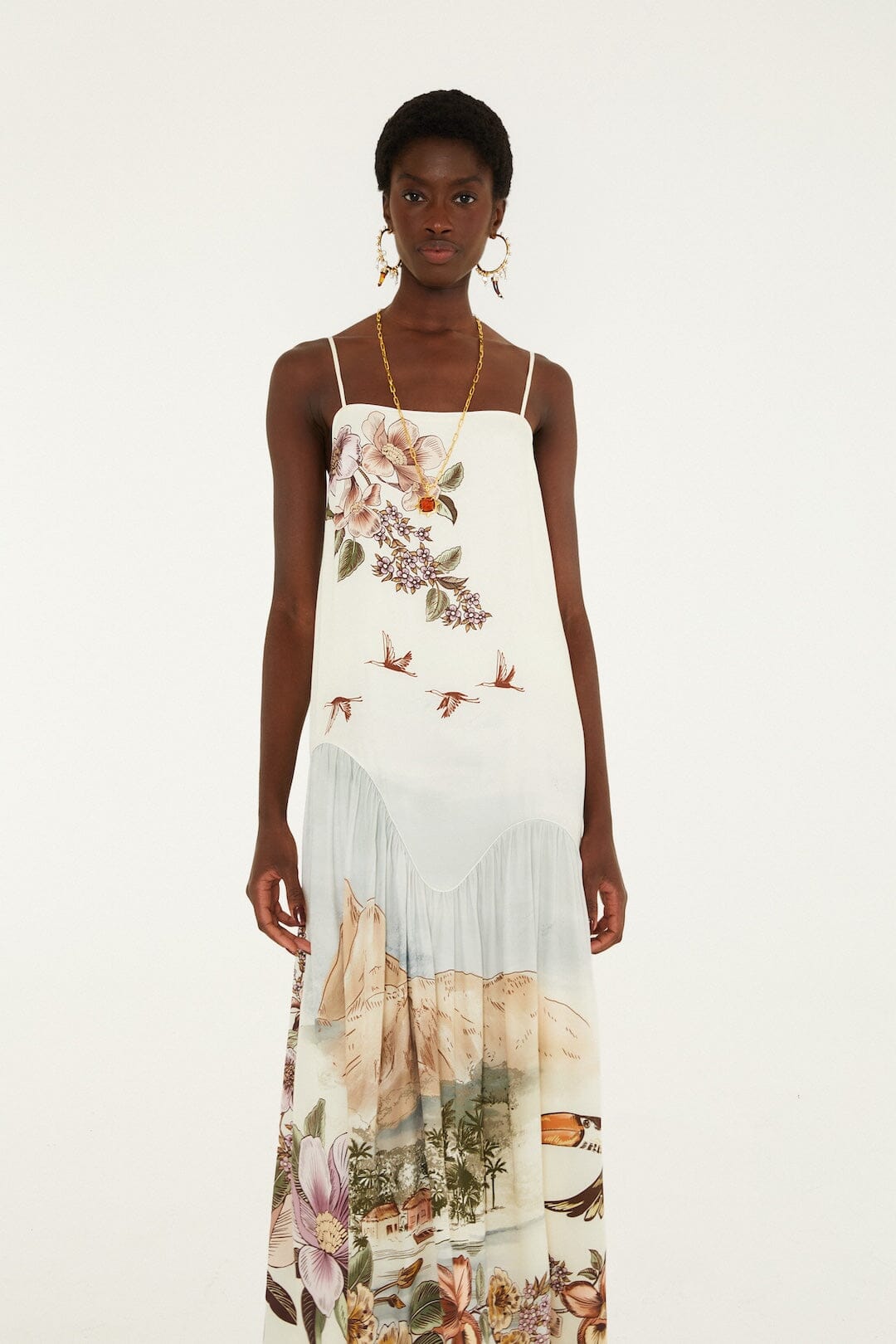 Farm Rio Toile de Rio maxi dress, off-white with square neck and thin straps – side view