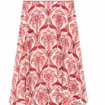 Studio flat lay view of the Farm Rio Tropical Cameo-Print A-line midi skirt showcasing the red symmetrical tropical pattern on a white background.