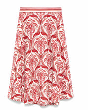 Studio flat lay view of the Farm Rio Tropical Cameo-Print A-line midi skirt showcasing the red symmetrical tropical pattern on a white background.