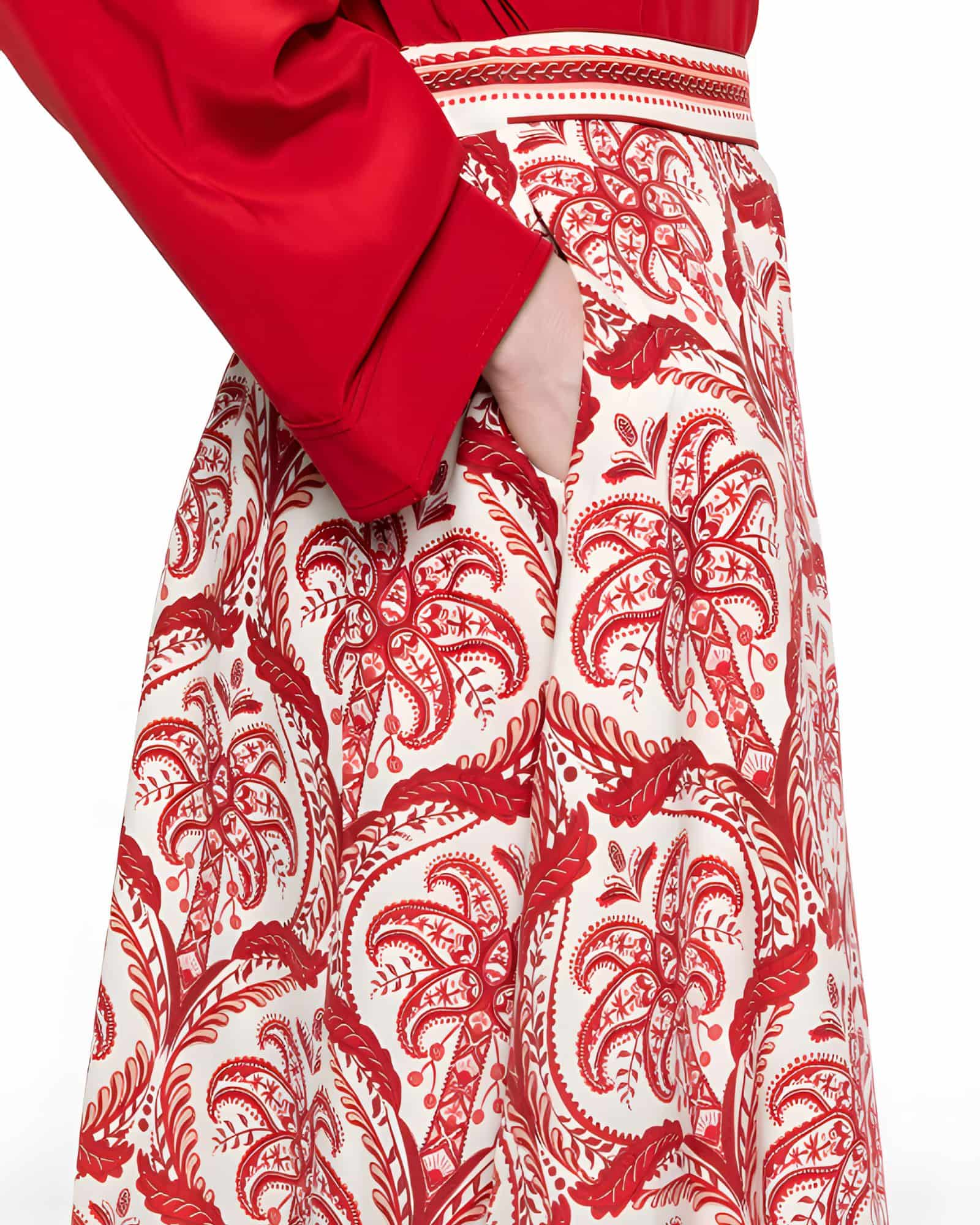 Close-up detail view of the Farm Rio tropical cameo-print skirt, highlighting the practical side slit pocket and the fine fabric texture.