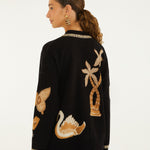 Farm Rio Vintage Souvenirs black knit cardigan with V-neck and gold buttons – back view