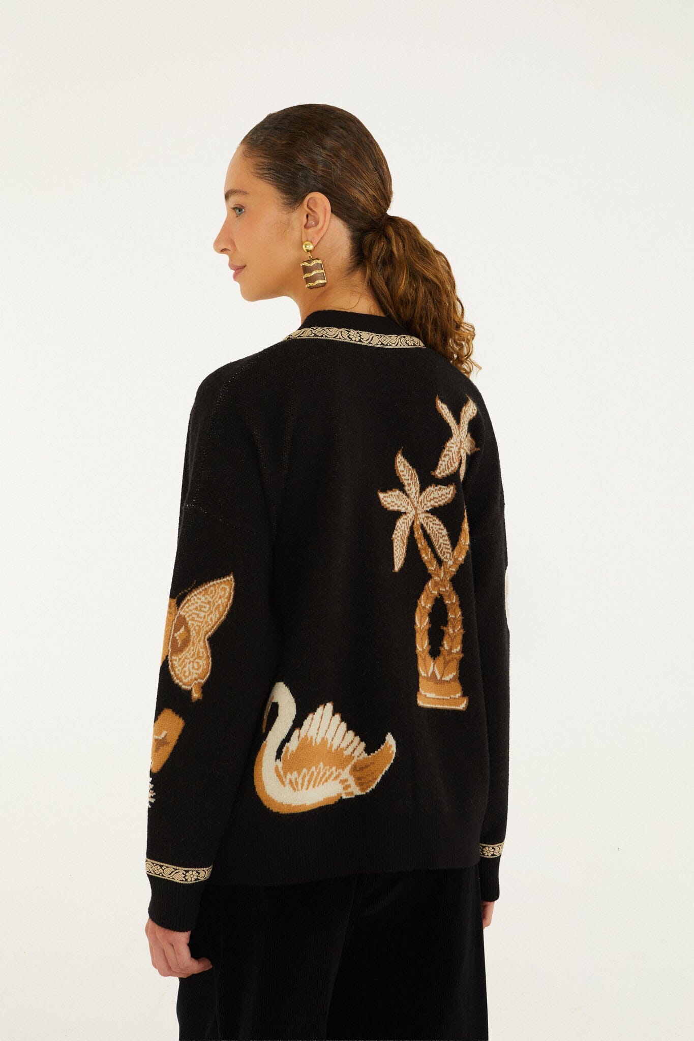 Farm Rio Vintage Souvenirs black knit cardigan with V-neck and gold buttons – back view