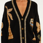 Farm Rio Vintage Souvenirs black knit cardigan with V-neck and gold buttons – close-up