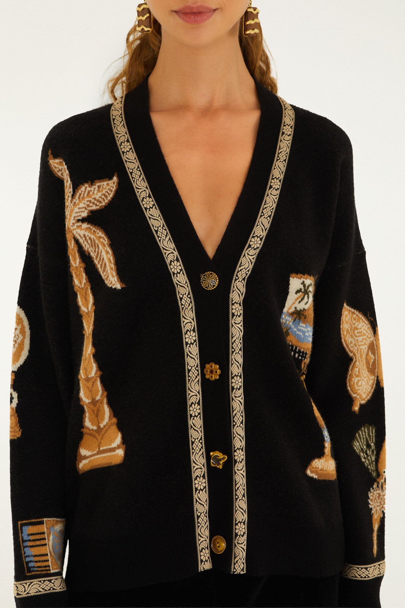 Farm Rio Vintage Souvenirs black knit cardigan with V-neck and gold buttons – close-up