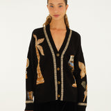 Farm Rio Vintage Souvenirs black knit cardigan with V-neck and gold buttons – front view