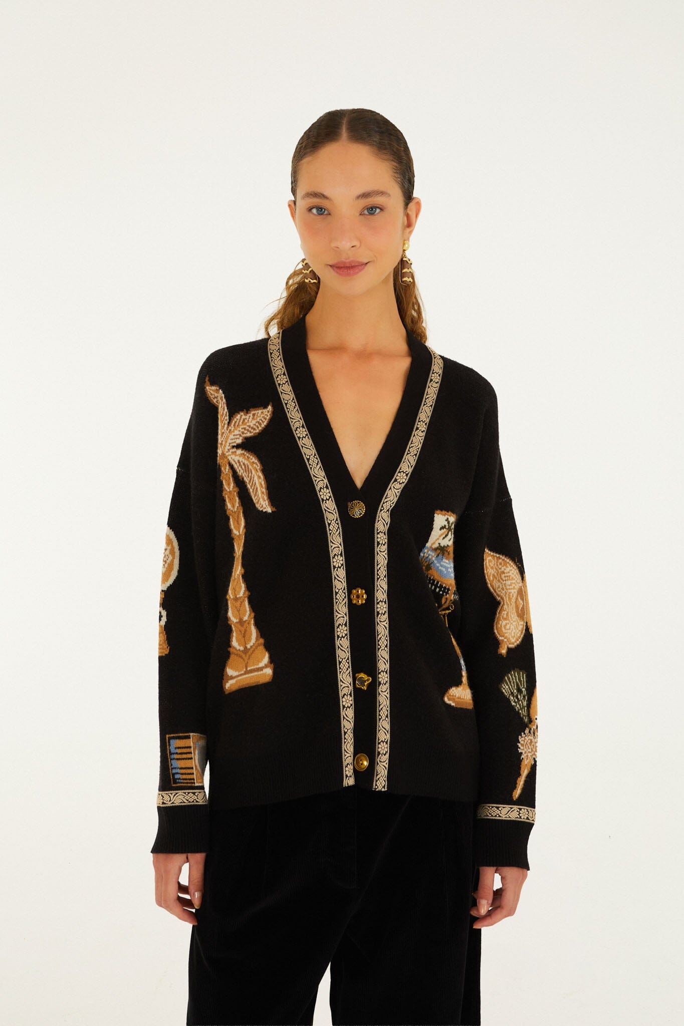Farm Rio Vintage Souvenirs black knit cardigan with V-neck and gold buttons – front view