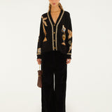 Farm Rio Vintage Souvenirs black knit cardigan with V-neck and gold buttons – full look