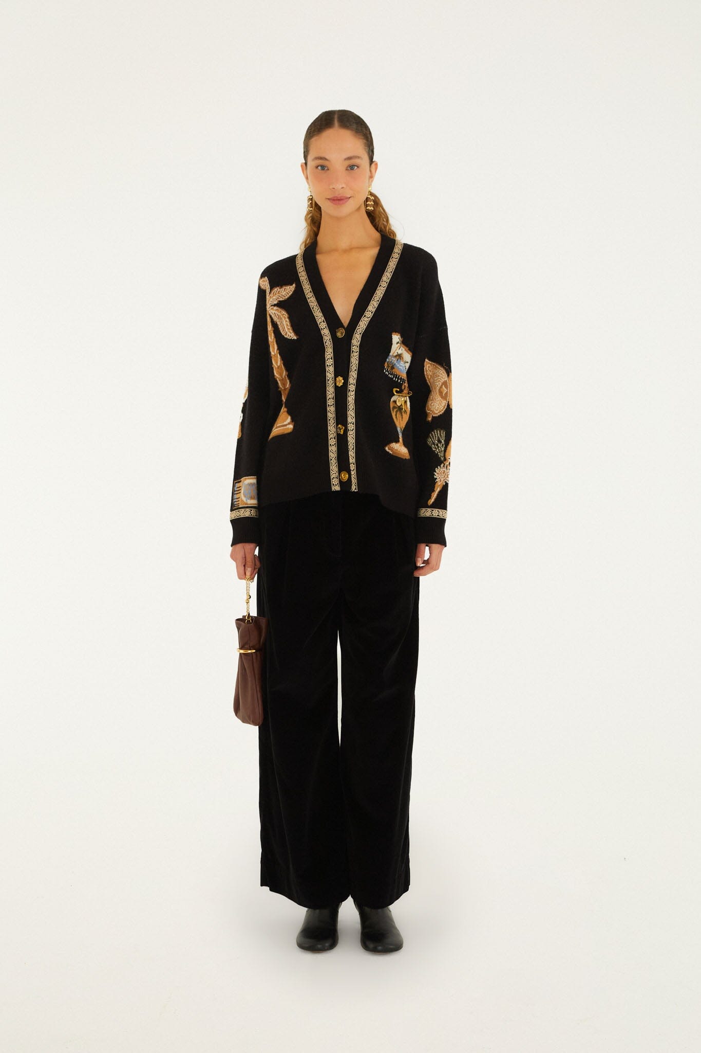 Farm Rio Vintage Souvenirs black knit cardigan with V-neck and gold buttons – full look