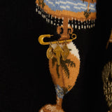 Farm Rio Vintage Souvenirs black knit cardigan with V-neck and gold buttons – close-up of the print