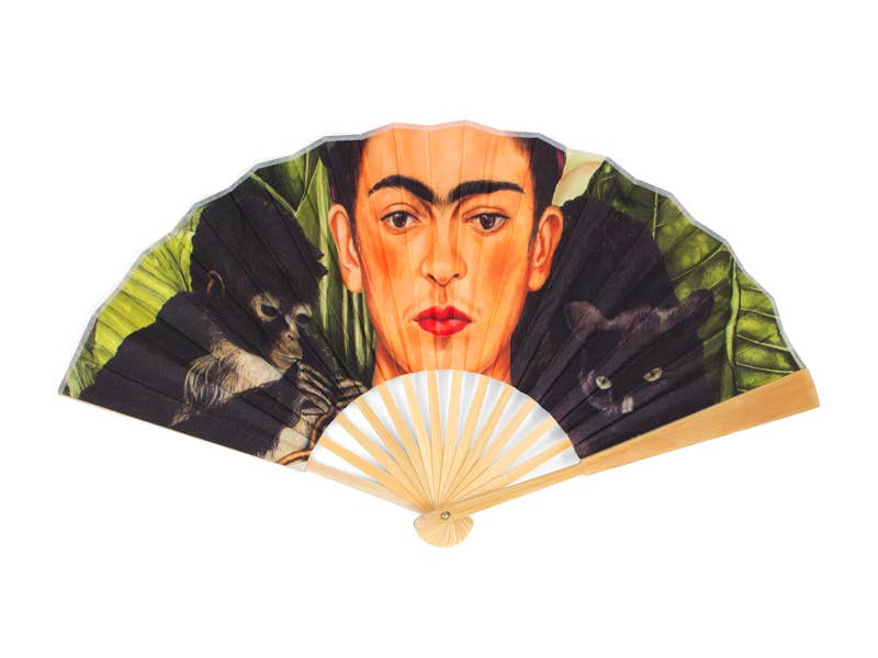 Frida Kahlo Large Hand Fan – Portrait with Hummingbird — 48 cm bamboo folding fan, unfolded, with gift box