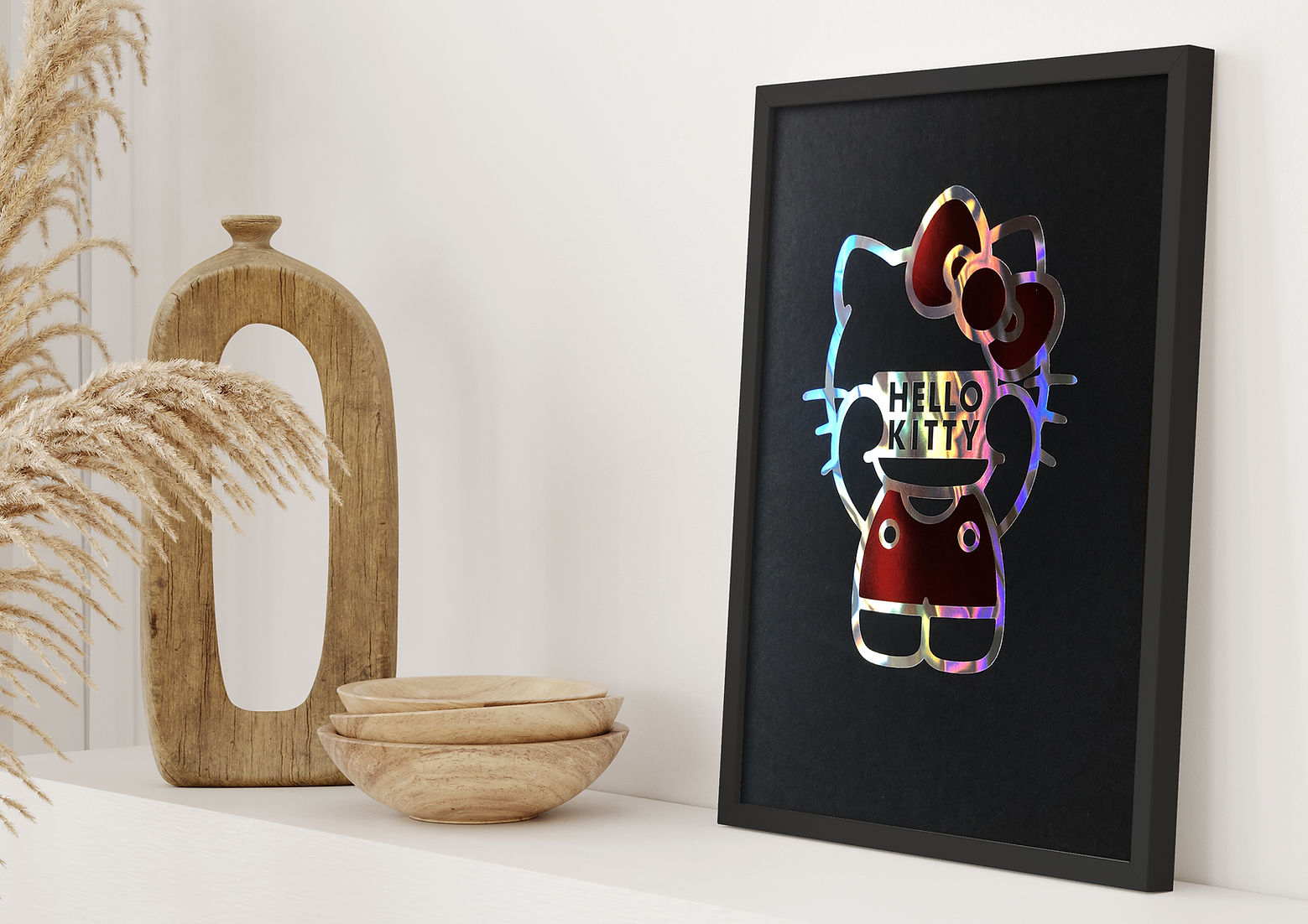 Hello Kitty Iconic Holographic Art Print On Black Paper At Home